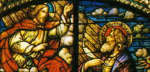 Particolare della vetrata, con i volti di Gesù e Paolo