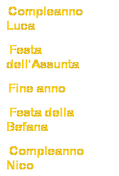 Casella di testo:  Compleanno Luca
 Festa dell'Assunta
 Fine anno
 Festa della Befana
 Compleanno Nico
 Mirabilandia Day
 
